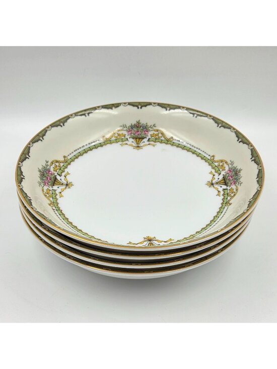 Noritake Other - Noritake Penelope Set of 4 Coupe Soup Bowl Green Border Pink Roses Urn Gold Trim